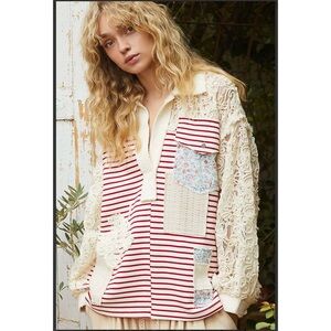 POL. Gorgeous Striped with Lace Patchwork Collared Top